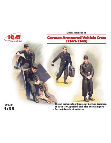 ICM ICM35614 GERMAN ARMOURED VEHICLE CREW 1941-1942 4 FIGURES AND CAT KIT 1:35 Modellino