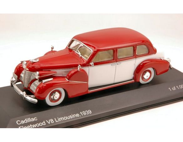 White Box WB022 CADILLAC FLEETWOOD V8 SEDAN LIMOUSINE 1939 DARK RED/WHITE 1:43 Auto d'Epoca