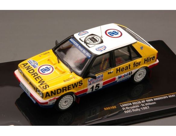 Ixo model RAC102 LANCIA DELTA HF 4WD N.15 RETIRED (ACCIDENT) RAC 1987 BROOKES-WILSON 1:43 Modellino