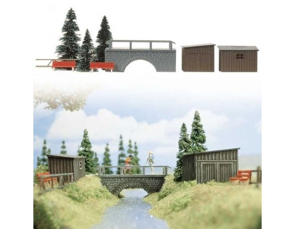 BUSCH 6041 PONTE 2 CASETTE RECINTO 4 PANCHINE 1 FOGLIO ACQUA 3 ALBERI  HO Modellino