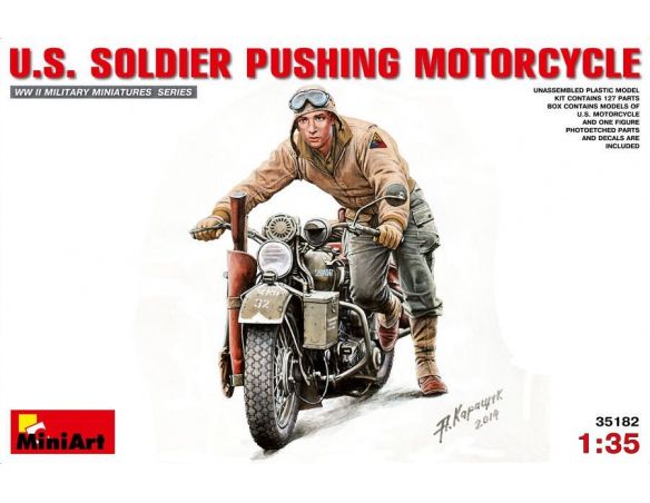 Miniart MIN35182 U.S. SOLDIER PUSHING MOTORCYCLE KIT 1:35 Modellino