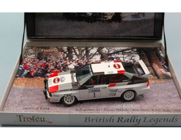 Trofeu TFBRL08 AUDI QUATTRO N.1 RAC RALLY 1984 MIKKOLA-HERTZ C/RUOTA DANNEGGIATA 1:43 Modellino