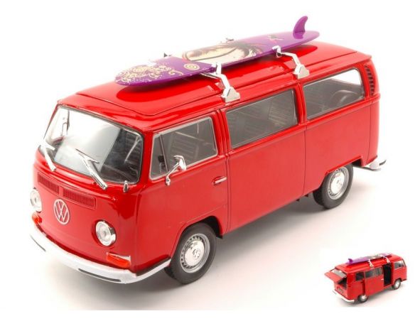 Welly WE4722R VW T2 BUS W/SURFBOARD 1972 RED 1:24 Modellino
