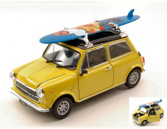 Welly WE4962Y MINI COOPER 1300 W/SURFBOARD 1973 YELLOW W/BLACK ROOF 1:24 Modellino