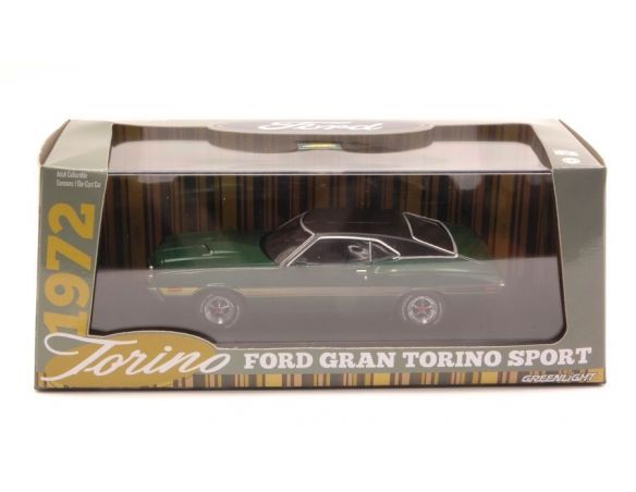 Greenlight GREEN86305 FORD GRAN TORINO SPORT 1972 GREEN WITH YELLOW STRIPES W/BLACK ROOF 1:43 Modellino
