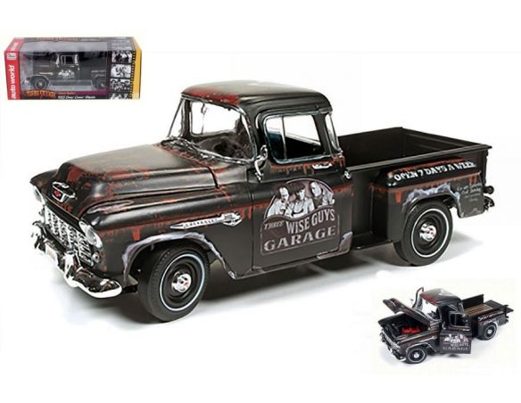 Auto World AWSS115 CHEVY STEPSIDE PICK UP 1955 WISE GUYS GARAGE BLACK 1:18 Modellino