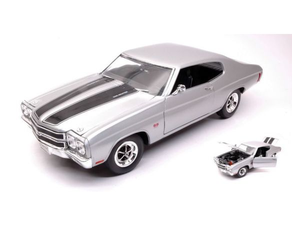 Welly WE19855S CHEVROLET CHEVELLE SS 454 1970 SILVER W/BLACK STRIPES 1:18 Modellino