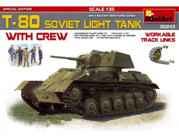 Miniart MIN35243 T-80 SOVIET LIGHT TANK W/CREW KIT 1:35 Modellino