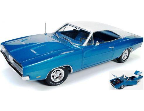 Auto World AMM1100 DODGE CHARGER HEMMING MUSCLE MACHINES BLUE W/WHITE ROOF 1:18 Modellino