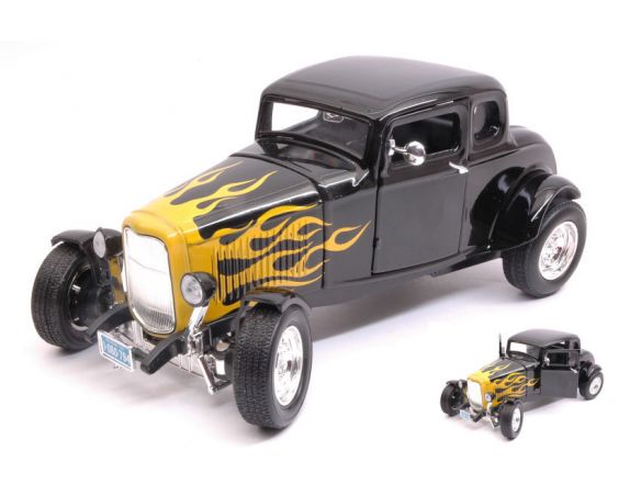 Motormax MTM73171BKY FORD HOT ROD WINDOW COUPE' 1932 BLACK/YELLOW FLAME 1:18 Modellino