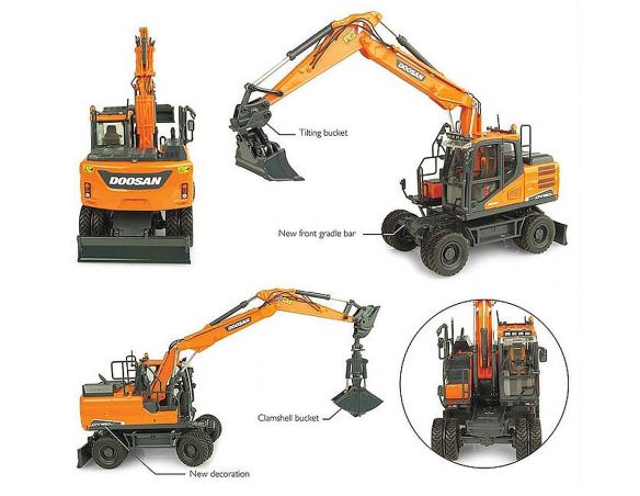 Universal Hobbies UH8134 ESCAVATORE DOOSAN DX160W + 2 ATTACHMENT 1:50 Modellino