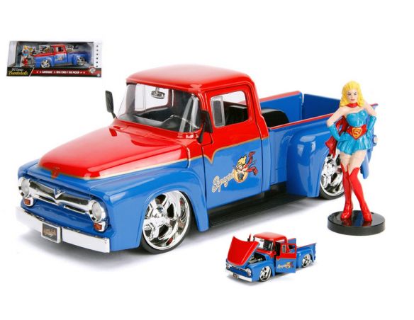 JADA TOYS JADA30454 SUPER GIRL W/1956 FORD F-100 PICK UP BLUE/RED 1:24 Modellino