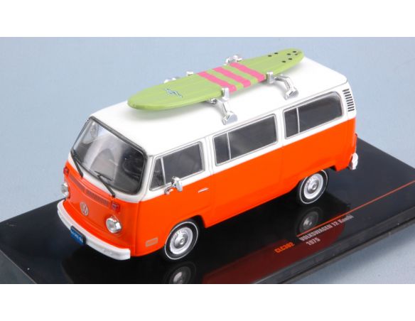Ixo model CLC302 VW T2 BUS W/SURFBOARD ON ROOF 1975 ORANGE/WHITE 1:43 Modellino