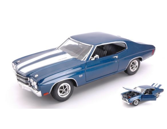 Welly WE19855B CHEVROLET CHEVELLE SS454 1970 BLUE W/WHITE STRIPES 1:18 Modellino