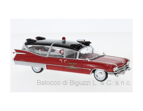 Neo Scale Models NEO45264 CADILLAC SUPERIOR AMBULANCE CHICAGO FIRE DEPT.1959 RED 1:43 Modellino