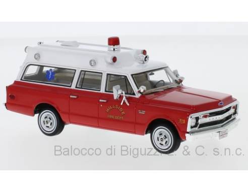 Neo Scale Models NEO47246 CHEVROLET SUBURBAN AMBULANCE RED/WHITE 1970 HILLSIDE FIRE DEPT.1:43 Modellino