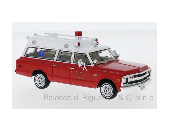 Neo Scale Models NEO47246 CHEVROLET SUBURBAN AMBULANCE RED/WHITE 1970 HILLSIDE FIRE DEPT.1:43 Modellino