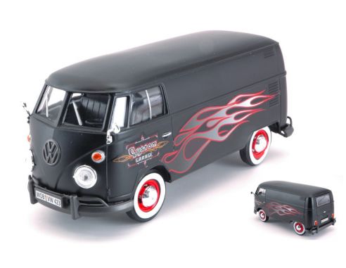 Motormax MTM79567 VW TYPE 2 (T1) DELIVERY VAN CUSTOM GARAGE MATT BLACK W/FLAMES 1:24 Modellino