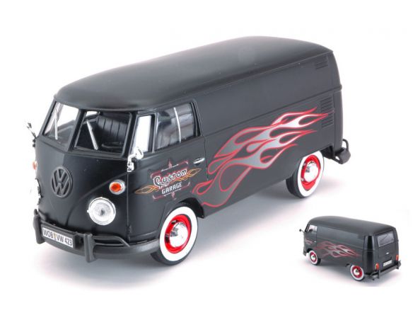 Motormax MTM79567 VW TYPE 2 (T1) DELIVERY VAN CUSTOM GARAGE MATT BLACK W/FLAMES 1:24 Modellino