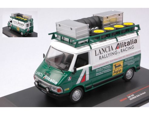 Ixo model RAC284X FIAT 242 WHITE/GREEN ALITALIA RALLY ASSISTANCE WITH ROOF RACK 1:43 Modellino