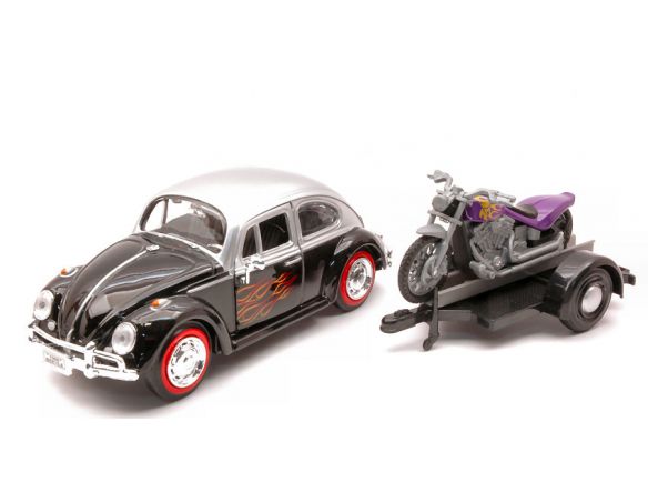 Motormax MTM79675 VW BEETLE W/TRAILER & MOTORCYCLE 1:24 Modellino