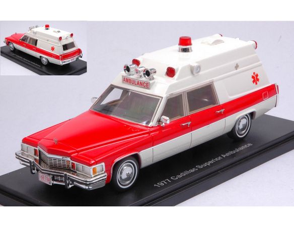 Neo Scale Models NEO47241 CADILLAC SUPERIOR AMBULANCE 1977 WHITE/RED 1:43 Modellino