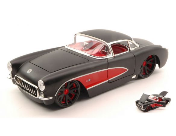 JADA TOYS JADA96806BKR CHEVY CORVETTE 1957 BLACK W/RED WHEELS 1:24 Modellino
