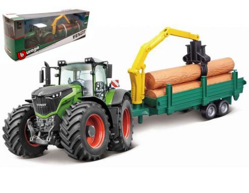 BBURAGO BU31651 FENDT 1050 VARIO TRACTOR + TRAILER WOODEN LOGS cm 26 Modellino