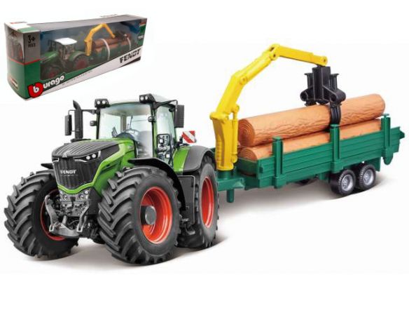 BBURAGO BU31651 FENDT 1050 VARIO TRACTOR + TRAILER WOODEN LOGS cm 26 Modellino