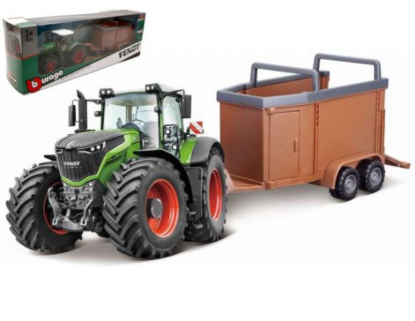 BBURAGO BU31652 FENDT 1050 VARIO TRACTOR + TRAILER HORSES BOX cm 26 Modellino