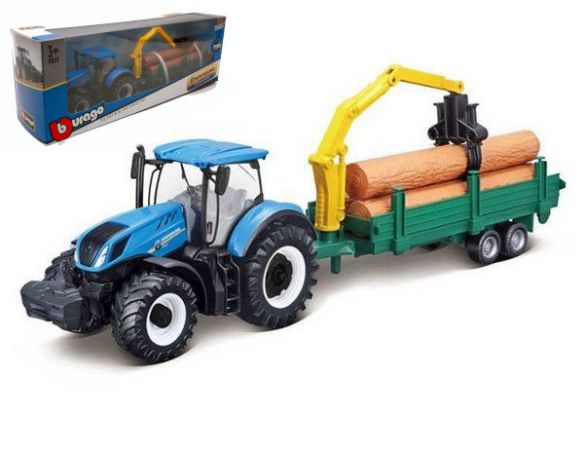 BBURAGO BU31655 NEW HOLLAND T7.315 TRACTOR + TRAILER WOODEN LOGS cm 26 Modellino