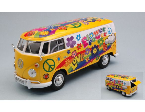 MOTORMAX MTM79575 VW TYPE 2 (T1) 1965 DELIVERY VAN FLOWER POWER 2 YELLOW 1:24 Modellino