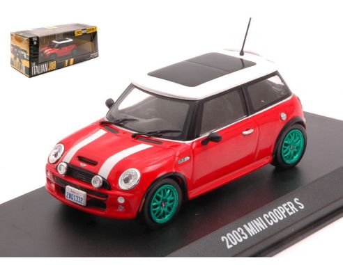 GREENLIGHT GREEN86547GR MINI COOPER S THE ITALIAN JOB 2003 RED W/WHITE STRIPES GREEN WHEELS 1:43 Modellino