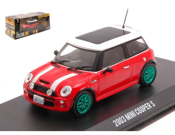 GREENLIGHT GREEN86547GR MINI COOPER S THE ITALIAN JOB 2003 RED W/WHITE STRIPES GREEN WHEELS 1:43 Modellino