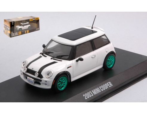 GREENLIGHT GREEN86548GR MINI COOPER S THE ITALIAN JOB 2003 WHITE W/BLACK STR. GREEN WHEELS 1:43 Modellino