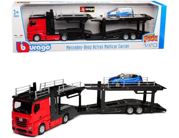 BBURAGO BU31457 PORTAUTO MERCEDES ACTROS 2545 RED + RENAULT CAPTUR 1:43 Modellino