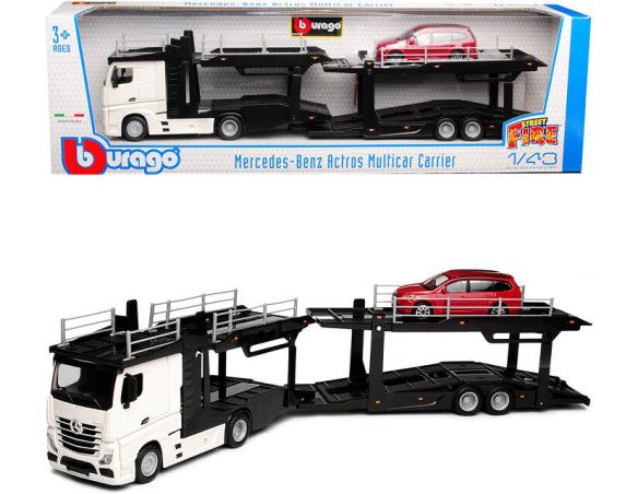 BBURAGO BU31459 PORTAUTO MERCEDES ACTROS 2545 WHITE + FORD FOCUS 1:43 Modellino