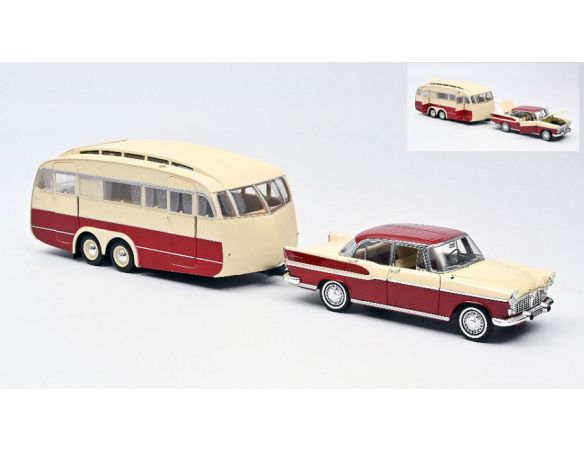 NOREV NV185728 SIMCA VEDETTE CHAMBORD 1958 & CARAVANE HENON CARDINAL RED & IVORY 1:18 Modellino