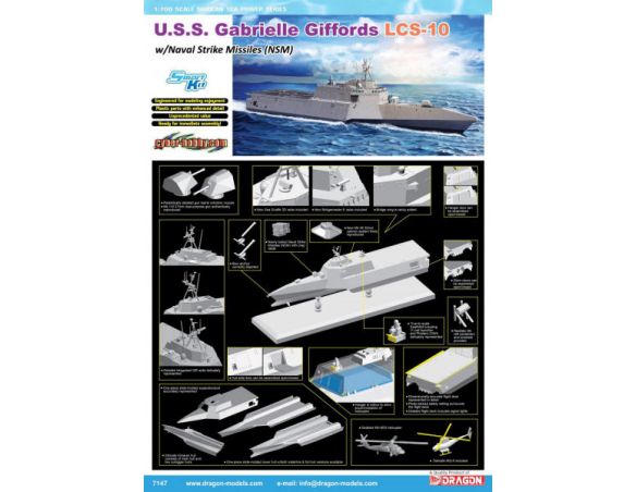 DRAGON D7147 U.S.S.GABRIELLE GIFFORDS LCS-10 W/NSM KIT 1:700 Modellino