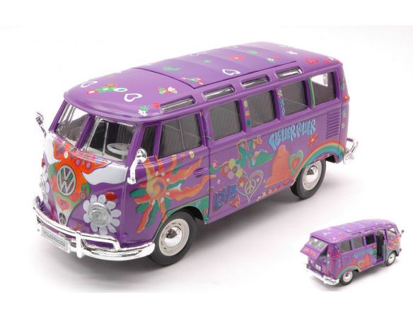 MAISTO MI32301G VW VAN SAMBA FLOWER POWER HIPPIE LINE VIOLET 1:25 Modellino