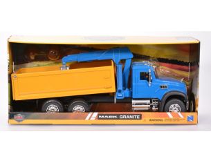 NEW RAY NY17106 MACK GRANITE DUMP YELLOW TRUCK BLUE W/CRANE PLASTICA 1:18 Modellino