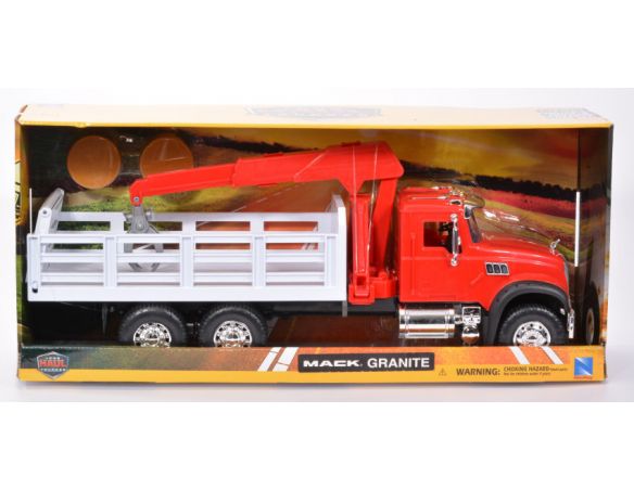 NEW RAY NY17116 MACK GRANITE TRUCKFARM RED TRAILER WHITE PLASTICA 1:18 Modellino