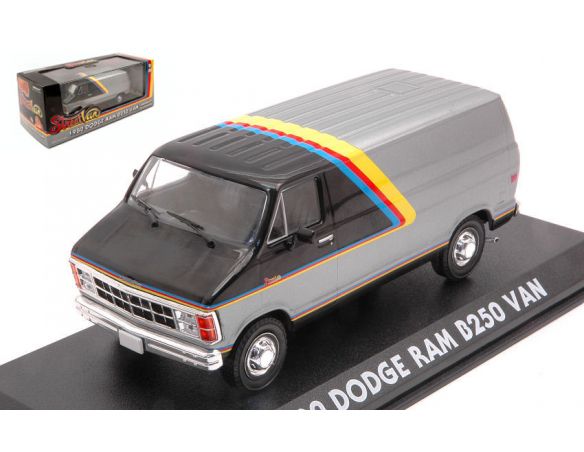 GREENLIGHT GREEN86600 DODGE RAM B250 VAN SILVER/BLACK W/YELLOW, RED AND BLUE STRIPES 1:43 Modellino