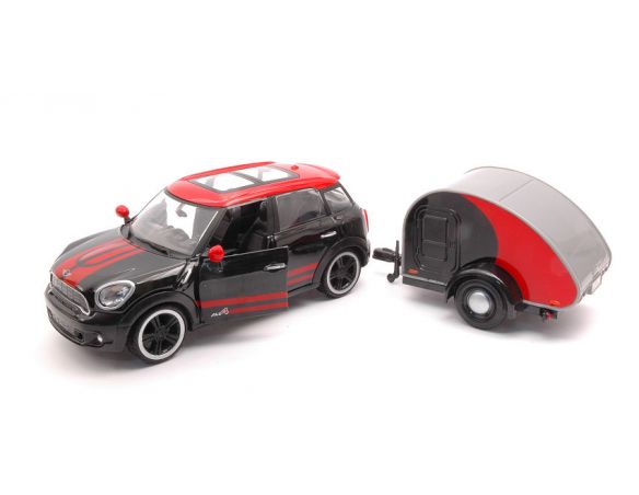 MOTORMAX MTM79762 MINI COOPER S COUNTRYMAN WITH CAMPER TRAILER BLACK/RED 1:24 Modellino