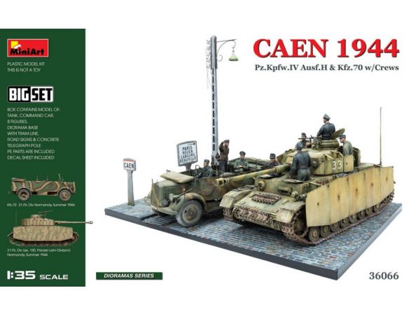 MINIART MIN36066 CAEN 1944: PZ.KPFW.IV AUSF.H & KFZ.70 W/CREWS.BIG SET KIT 1:35 Modellino