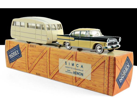 NOREV NVCL5711 SIMCA VEDETTE CHAMBORD 1958 & CARAVANE HENON JAUNE & NOIR DIAMANT 1:43 Modellino