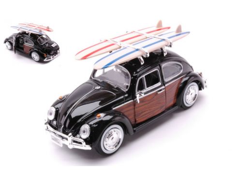 MOTORMAX MTM79591 VW BEETLE W/SURFBOARD 1968 BLACK/BROWN 1:24 Modellino