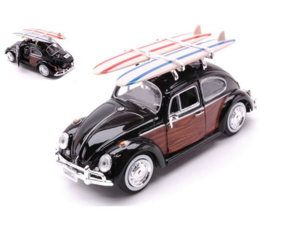MOTORMAX MTM79591 VW BEETLE W/SURFBOARD 1968 BLACK/BROWN 1:24 Modellino