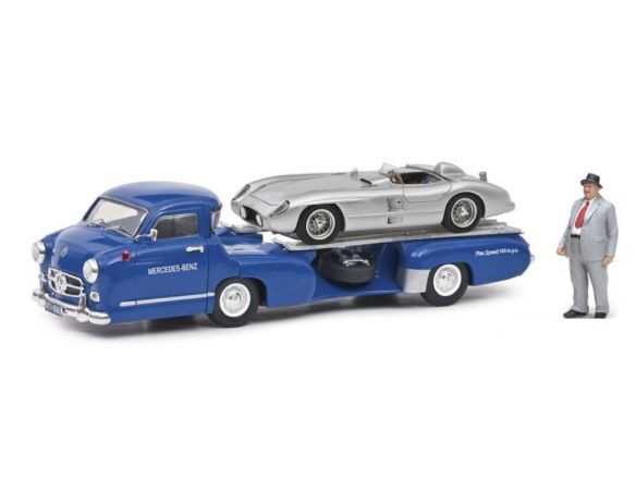 SCHUCO SH3768 MERCEDES SCHNELLTRANSPORTER BLAUES WUNDER W/MB 300 SLR AND FIGURE 1:43 Modellino