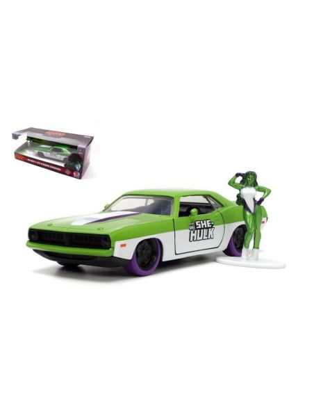 JADA TOYS JADA253223020 PLYMOUTH BARRACUDA THE SAVAGE SHE HULK W/FIGURE GREEN/WHITE 1:32 Modellino